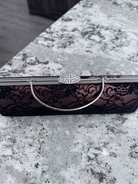 Elegant Black Lace Evening Clutch with Crystal Accent